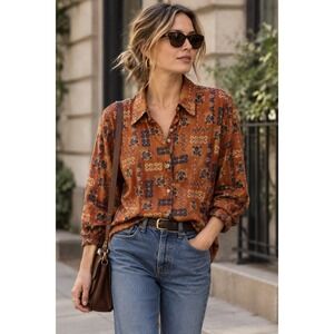Chagall Vintage Burnt Orange Geometric Print Button Down Blouse Size 8